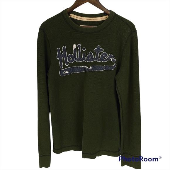 Hollister Spell-Out Patch Olive Green Thermal Long Sleeve Pullover Men’s Size M - Picture 1 of 5